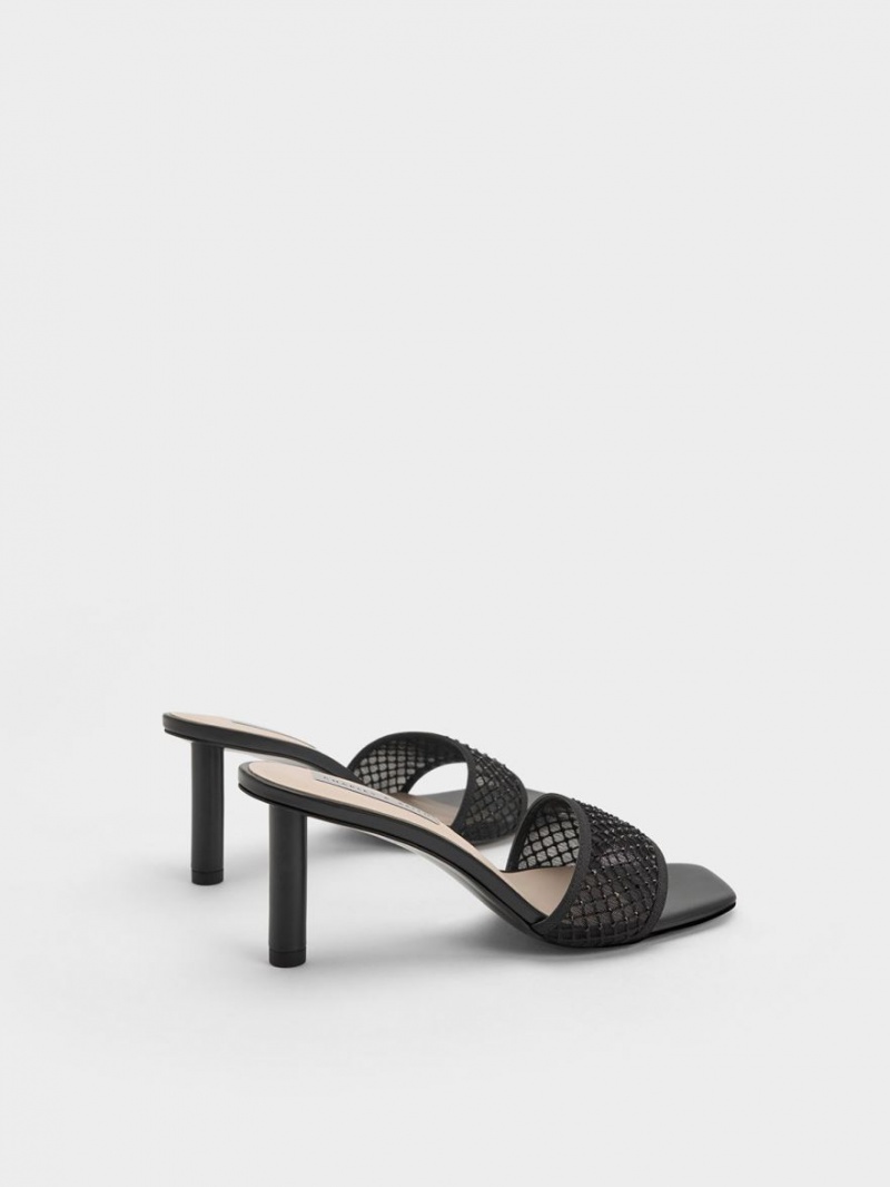 Charles & Keith Gem-Encrusted Cylindrical Heel Mesh Sandalen Absatz Schwarz | 076NQPBVA