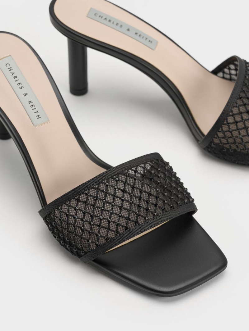 Charles & Keith Gem-Encrusted Cylindrical Heel Mesh Sandalen Absatz Schwarz | 076NQPBVA