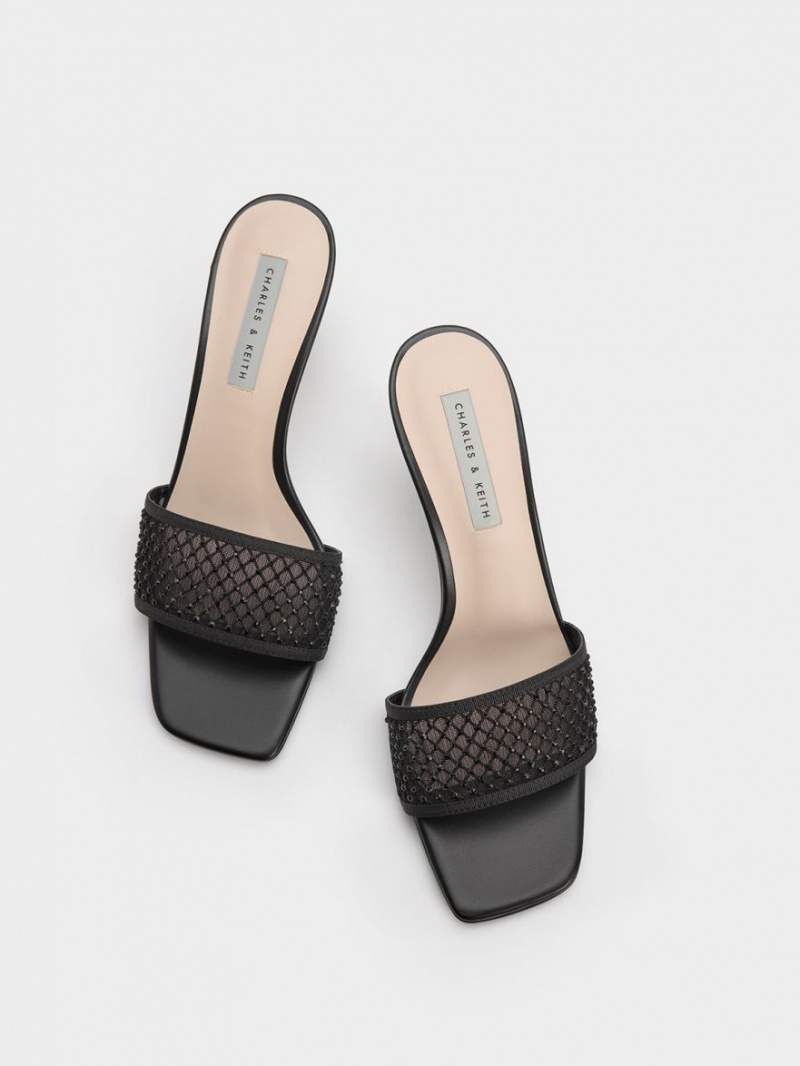 Charles & Keith Gem-Encrusted Cylindrical Heel Mesh Sandalen Absatz Schwarz | 076NQPBVA