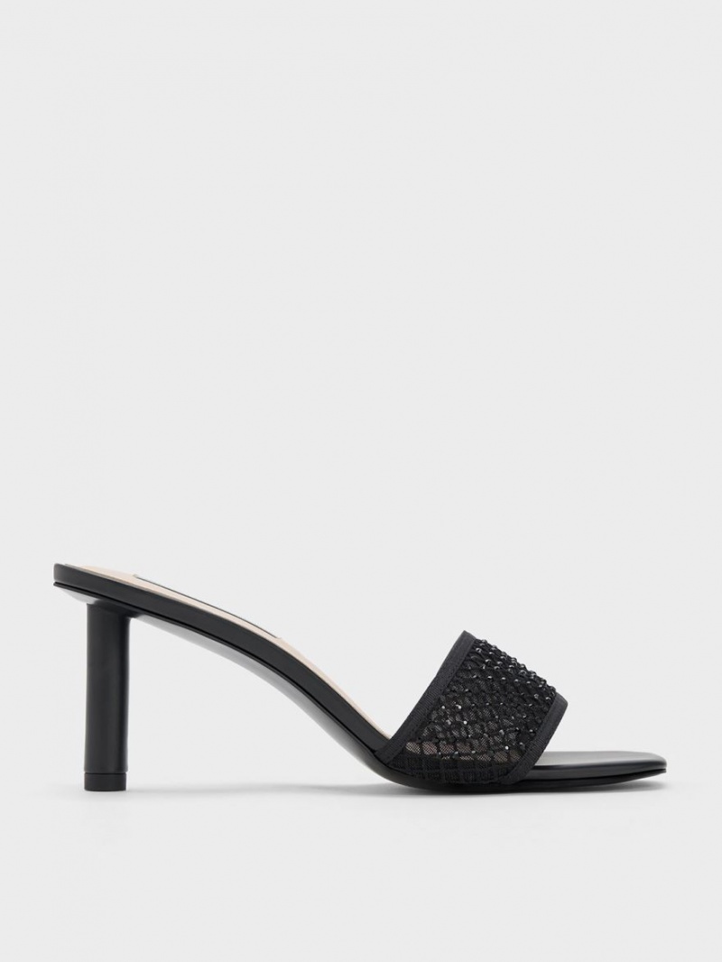 Charles & Keith Gem-Encrusted Cylindrical Heel Mesh Sandalen Absatz Schwarz | 076NQPBVA