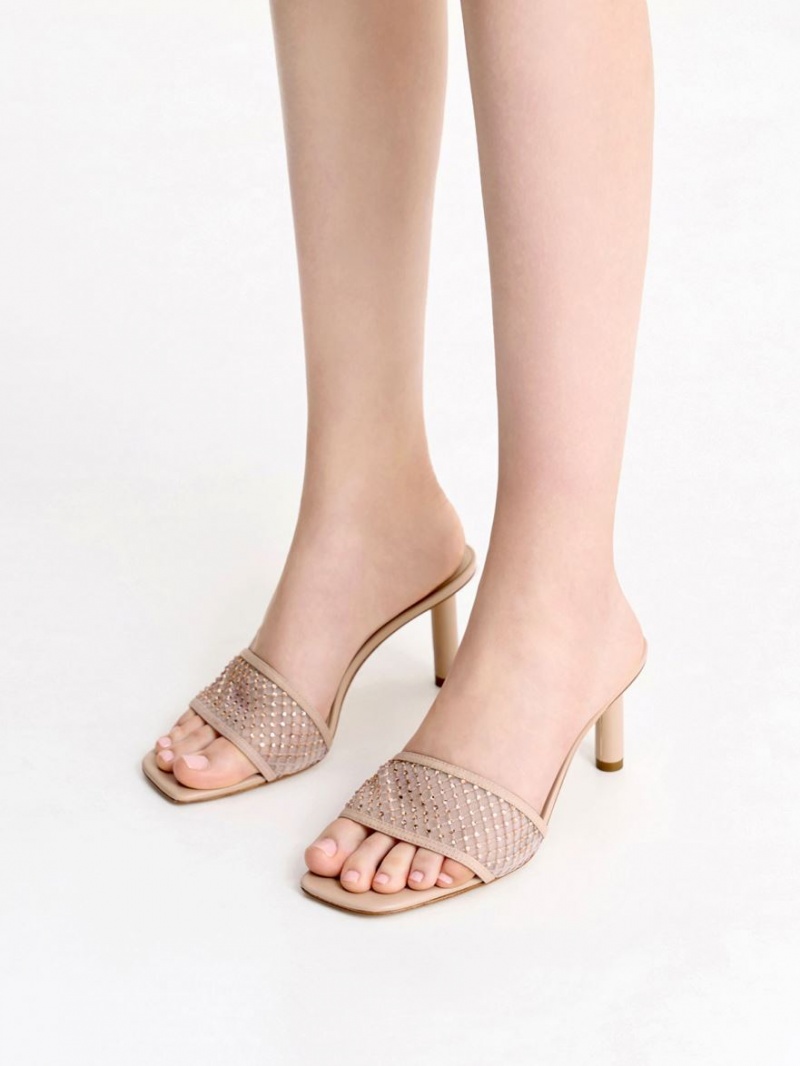 Charles & Keith Gem-Encrusted Cylindrical Heel Mesh Sandalen Absatz Beige | 712JOBRUF