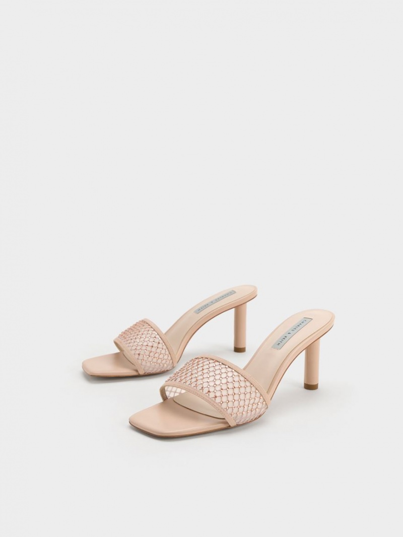 Charles & Keith Gem-Encrusted Cylindrical Heel Mesh Sandalen Absatz Beige | 712JOBRUF