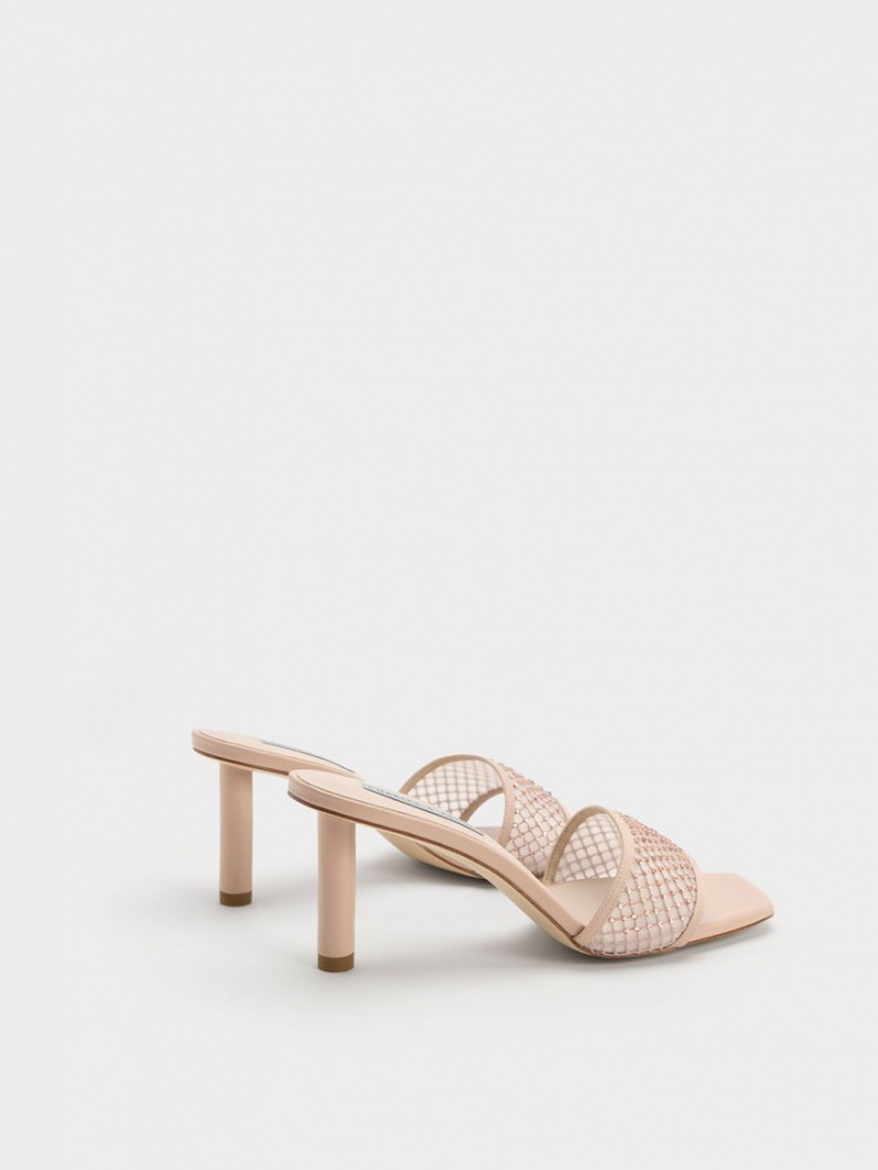 Charles & Keith Gem-Encrusted Cylindrical Heel Mesh Sandalen Absatz Beige | 712JOBRUF