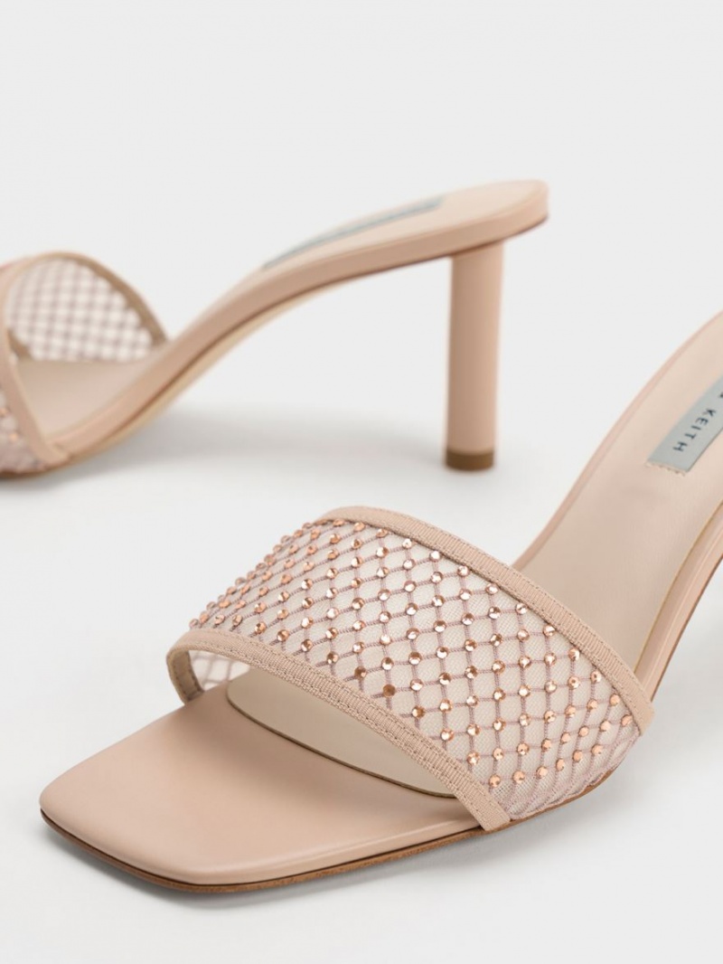 Charles & Keith Gem-Encrusted Cylindrical Heel Mesh Sandalen Absatz Beige | 712JOBRUF