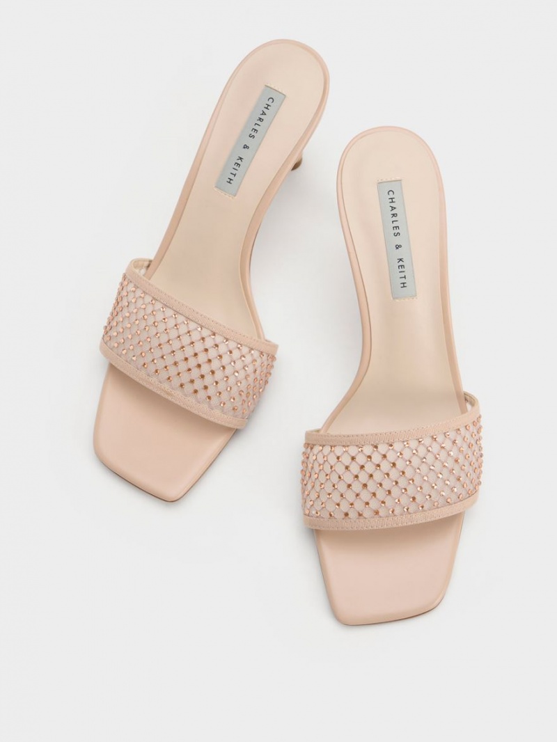 Charles & Keith Gem-Encrusted Cylindrical Heel Mesh Sandalen Absatz Beige | 712JOBRUF