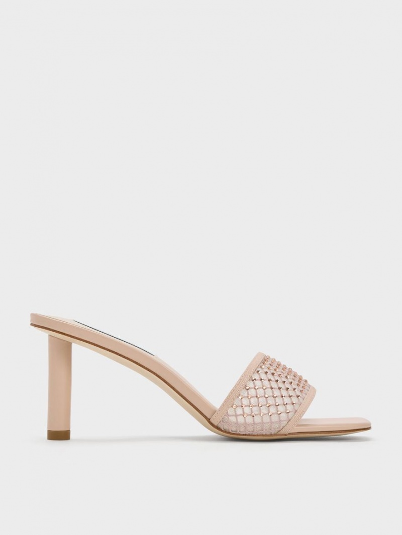 Charles & Keith Gem-Encrusted Cylindrical Heel Mesh Sandalen Absatz Beige | 712JOBRUF