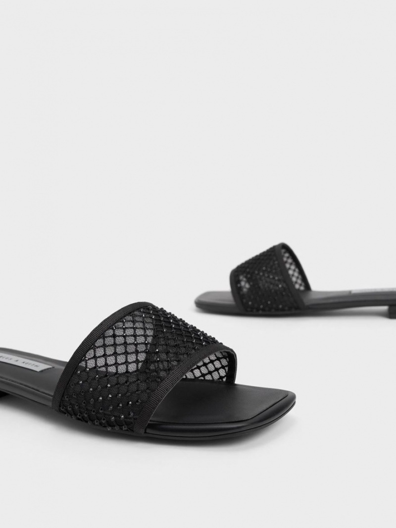 Charles & Keith Gem-Encrusted Mesh Rutschen Sie Sandalen Schwarz | 167JPZMRV