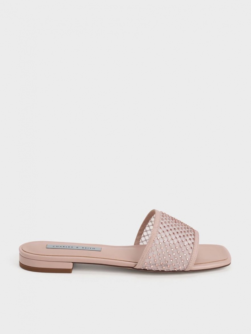 Charles & Keith Gem-Encrusted Mesh Rutschen Sie Sandalen Beige | 075NIWCKM