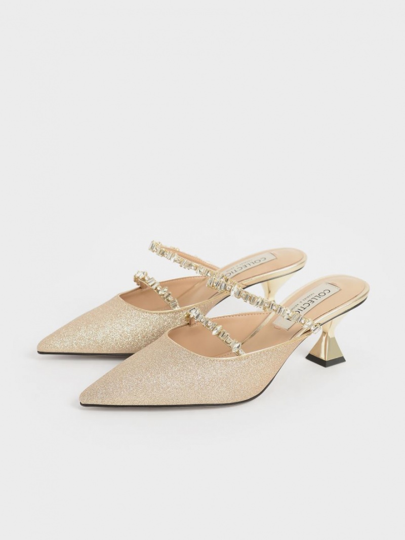 Charles & Keith Gem-Encrusted Metallic Glittered Mules Gold | 786HMGOIC