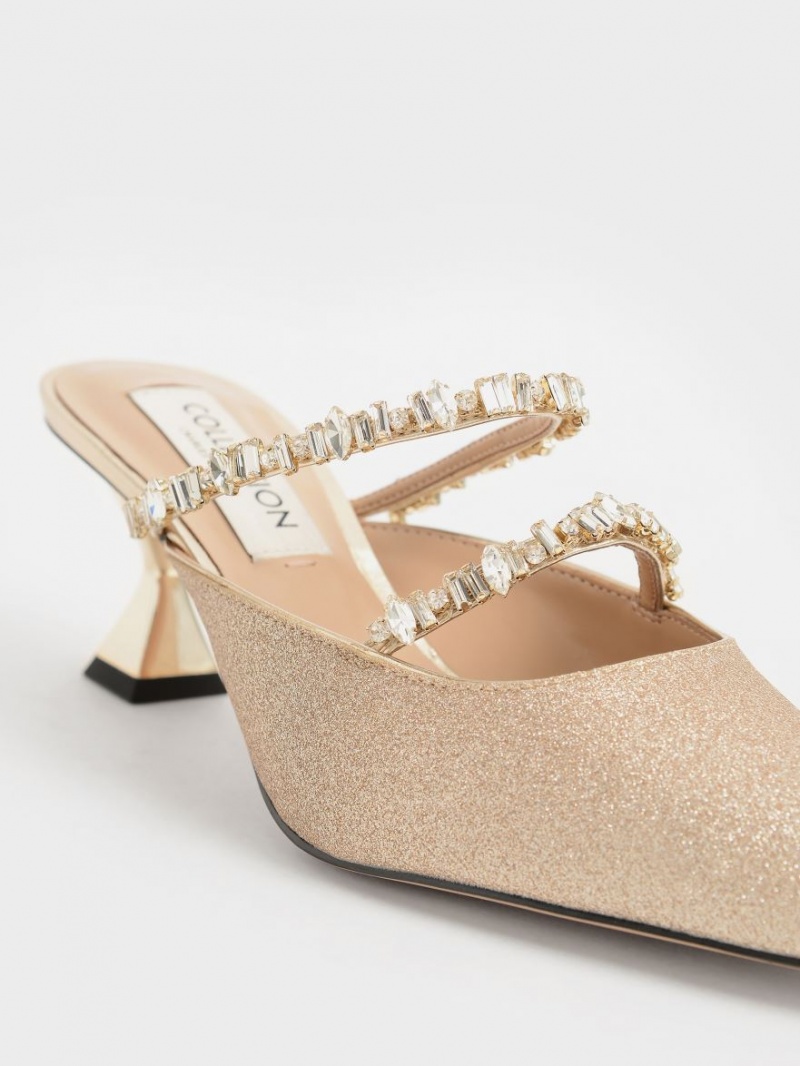 Charles & Keith Gem-Encrusted Metallic Glittered Mules Gold | 786HMGOIC