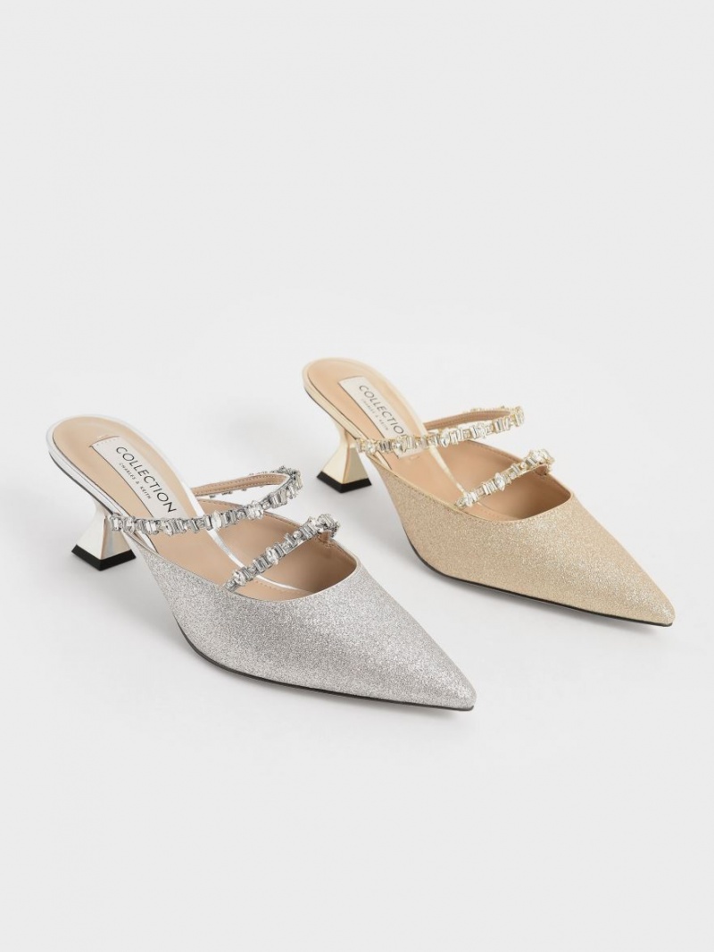 Charles & Keith Gem-Encrusted Metallic Glittered Mules Gold | 786HMGOIC