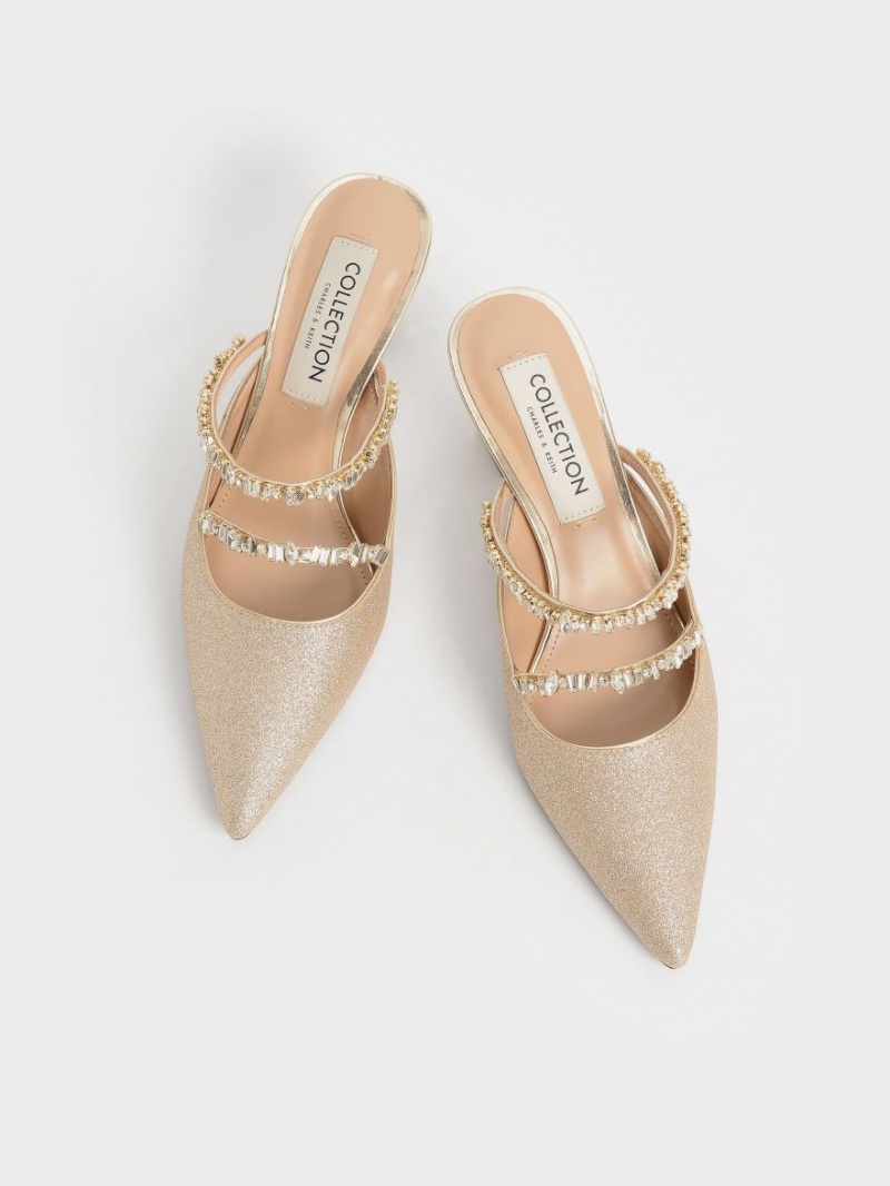 Charles & Keith Gem-Encrusted Metallic Glittered Mules Gold | 786HMGOIC