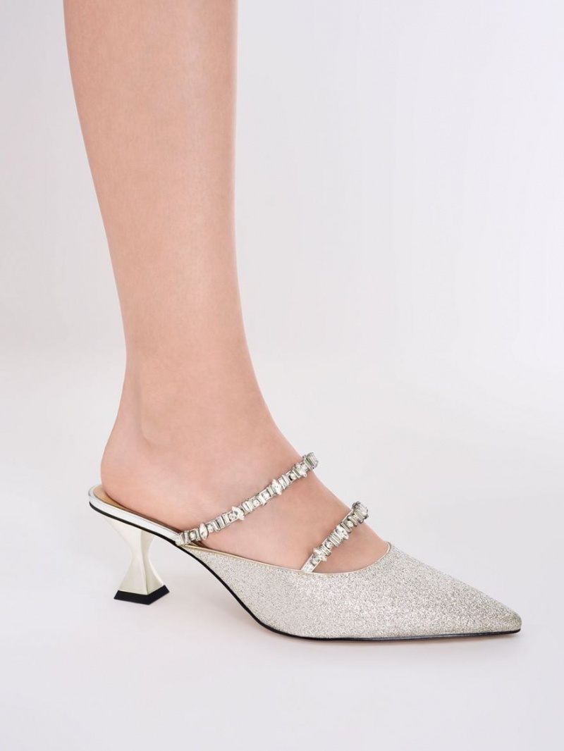 Charles & Keith Gem-Encrusted Metallic Glittered Mules Silber | 268VTSGWL