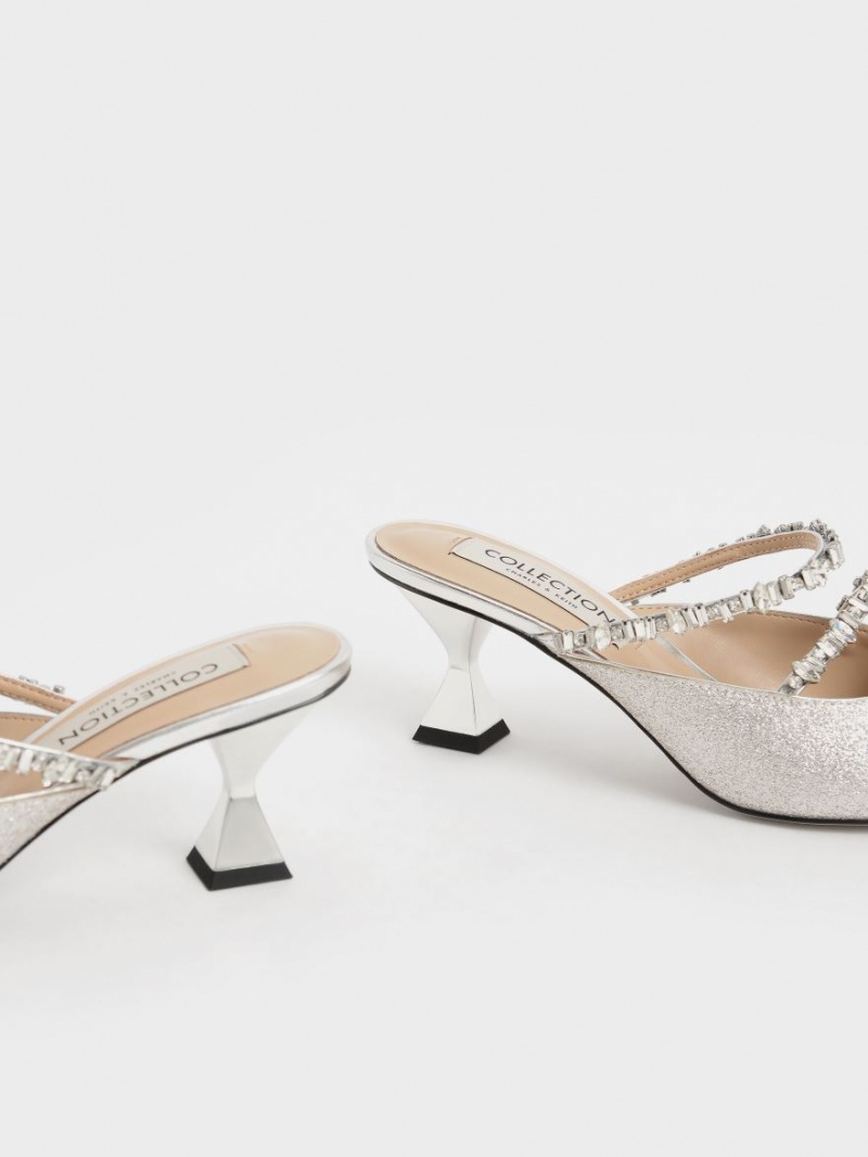 Charles & Keith Gem-Encrusted Metallic Glittered Mules Silber | 268VTSGWL