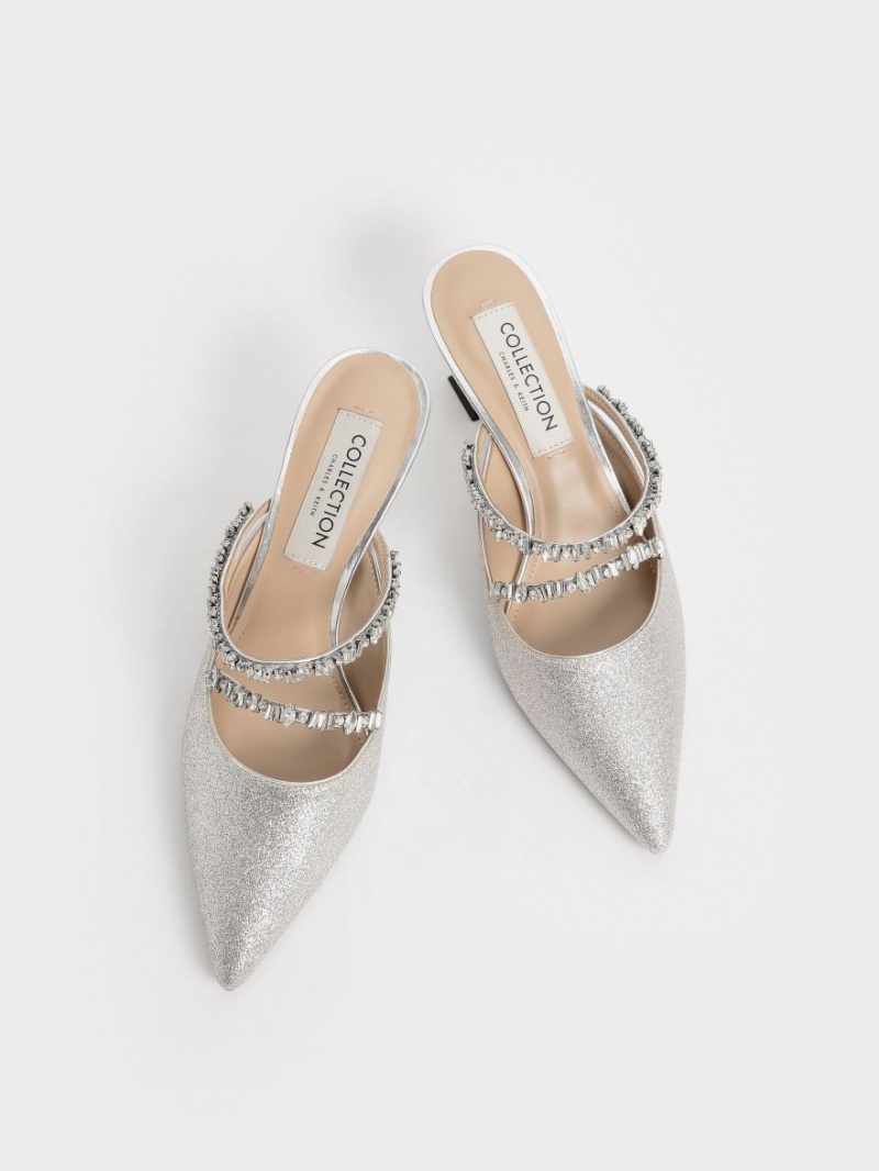 Charles & Keith Gem-Encrusted Metallic Glittered Mules Silber | 268VTSGWL