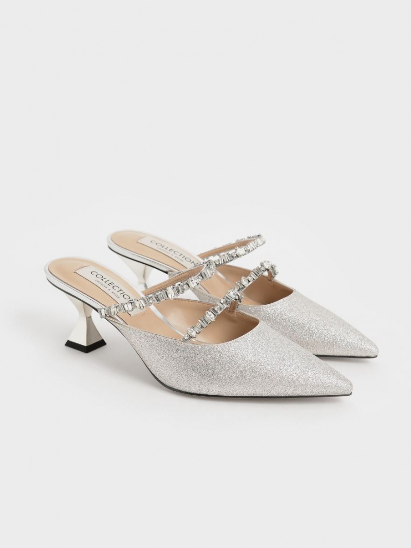 Charles & Keith Gem-Encrusted Metallic Glittered Mules Silber | 268VTSGWL