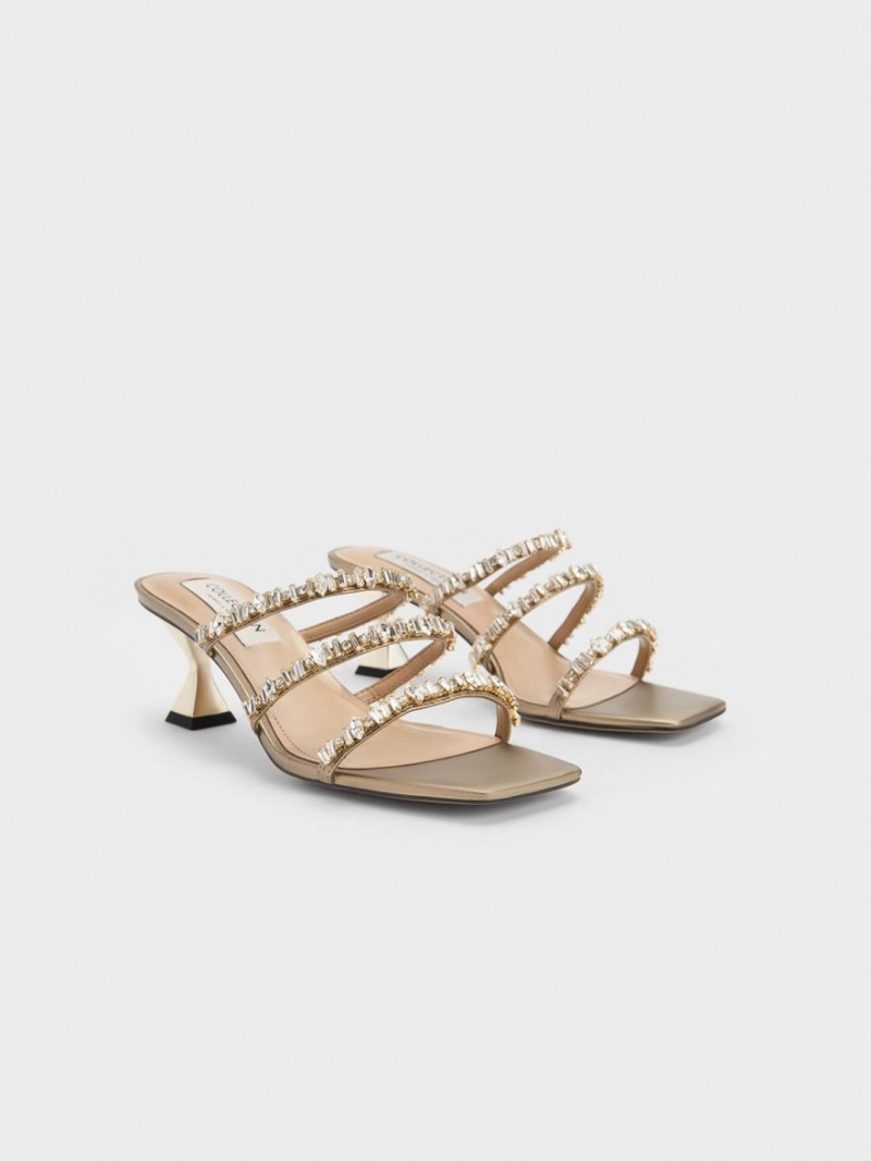 Charles & Keith Gem-Encrusted Metallic Riemchensandalen Gold | 518PHLVWZ