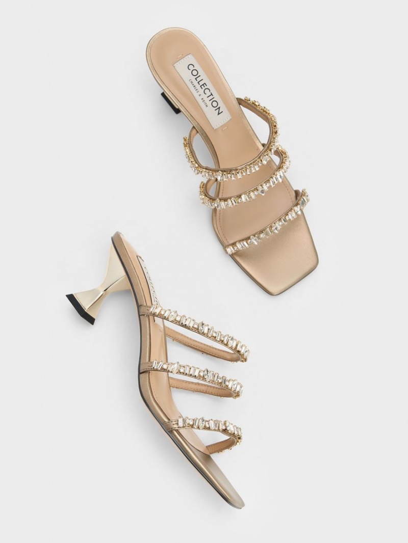 Charles & Keith Gem-Encrusted Metallic Riemchensandalen Gold | 518PHLVWZ