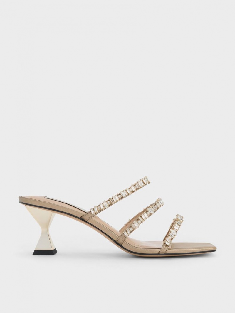 Charles & Keith Gem-Encrusted Metallic Riemchensandalen Gold | 518PHLVWZ