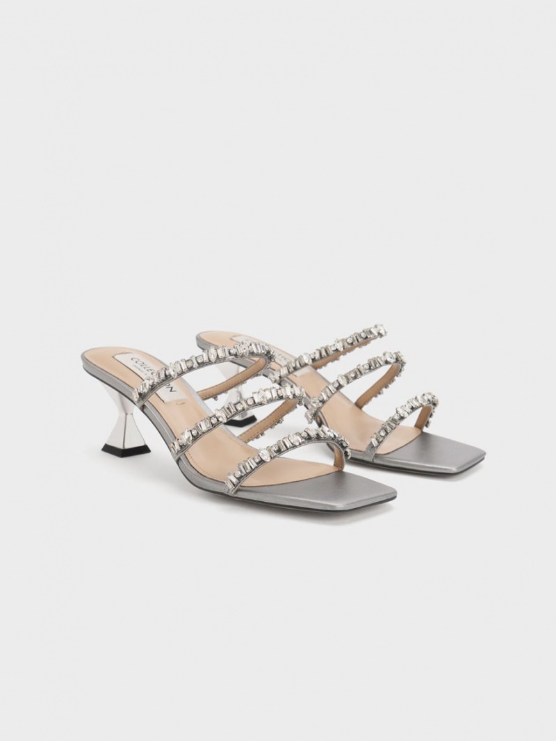 Charles & Keith Gem-Encrusted Metallic Riemchensandalen Silber | 108CKBADH