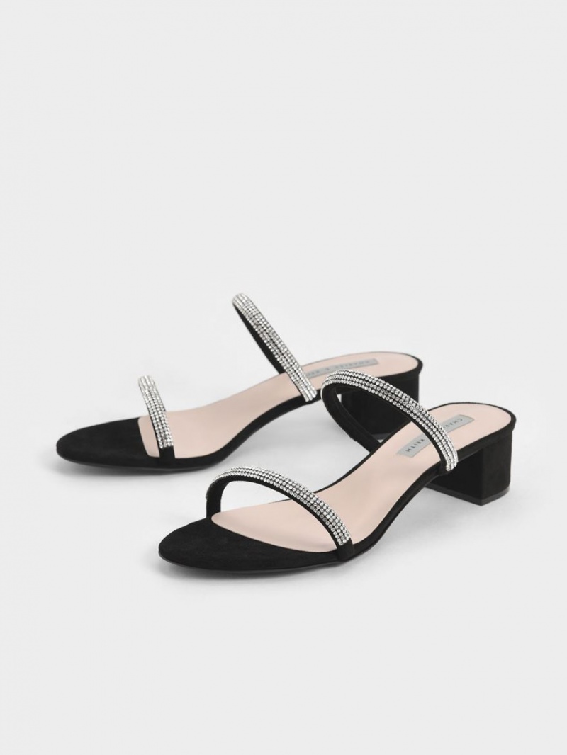 Charles & Keith Gem-Encrusted Riemchen Absatz Mules Schwarz | 314TDESYK