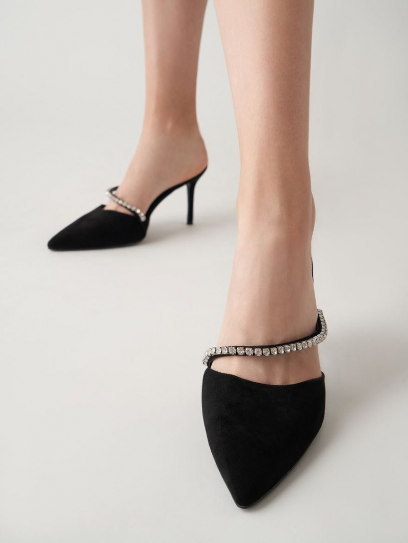 Charles & Keith Gem-Encrusted Textured Stiletto Mules Schwarz | 038SFHZQT