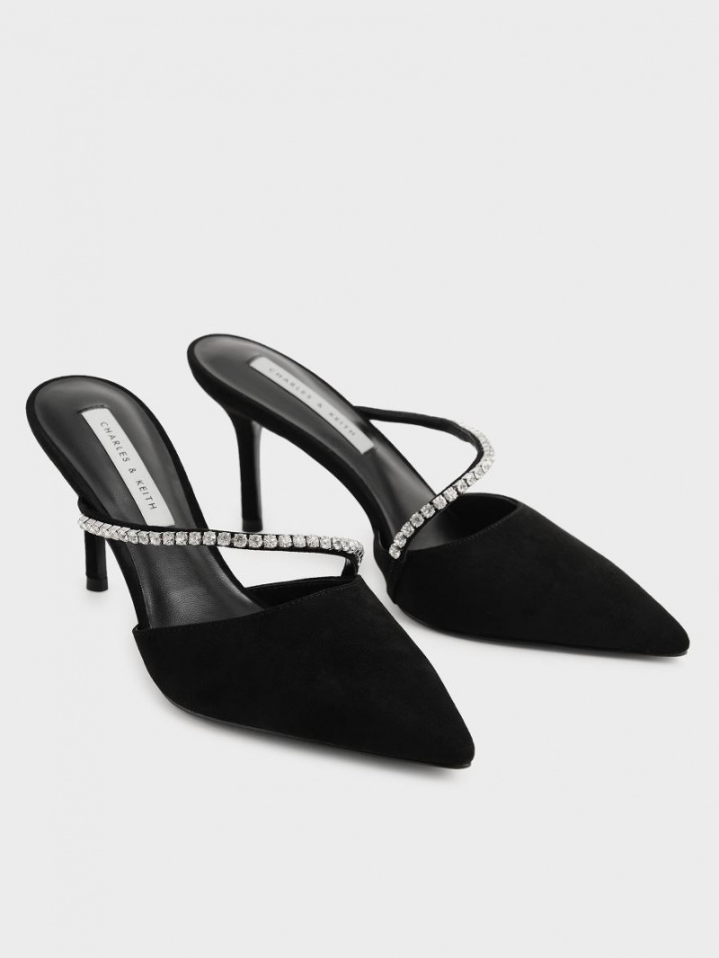 Charles & Keith Gem-Encrusted Textured Stiletto Mules Schwarz | 038SFHZQT