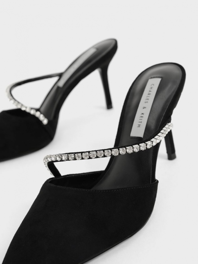 Charles & Keith Gem-Encrusted Textured Stiletto Mules Schwarz | 038SFHZQT