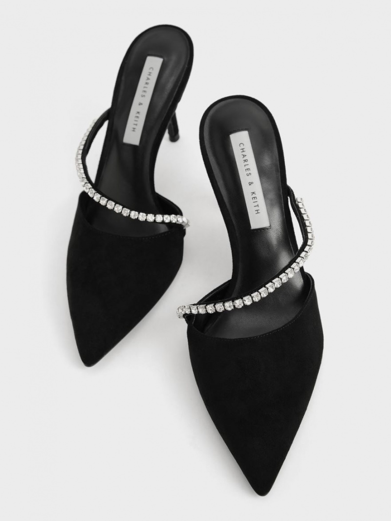 Charles & Keith Gem-Encrusted Textured Stiletto Mules Schwarz | 038SFHZQT