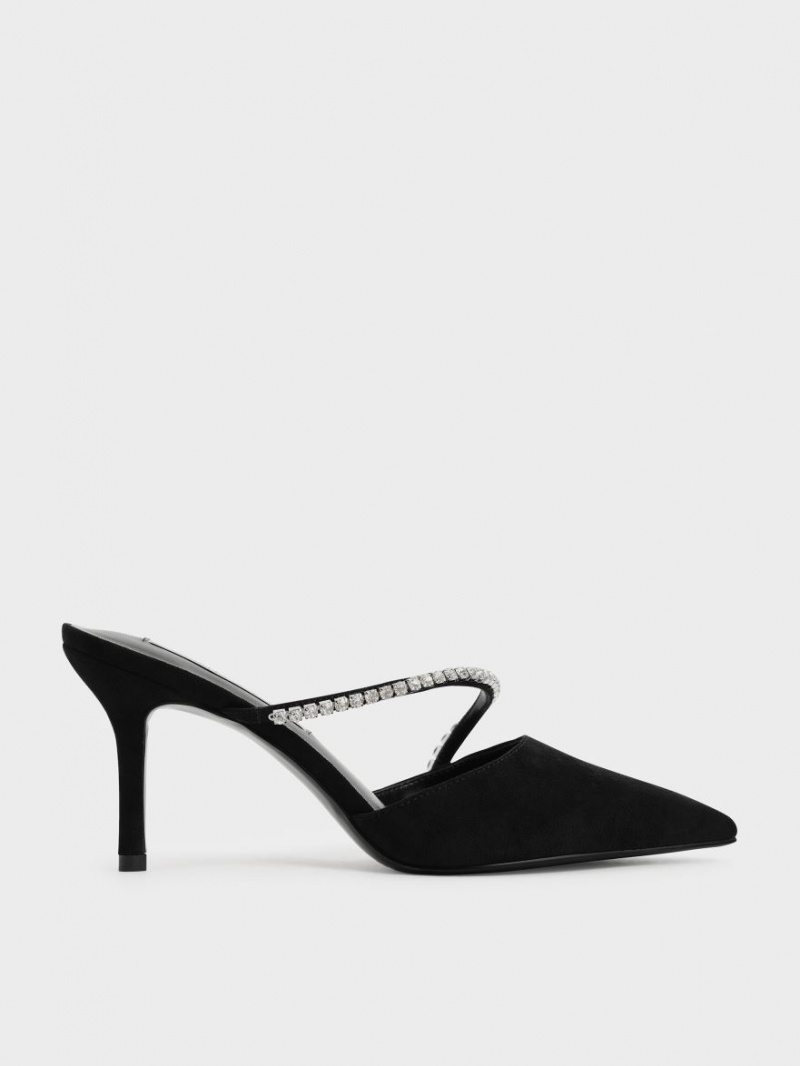 Charles & Keith Gem-Encrusted Textured Stiletto Mules Schwarz | 038SFHZQT