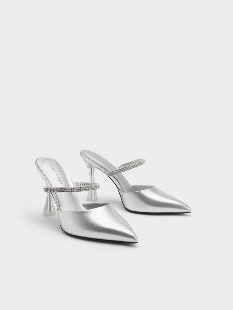 Charles & Keith Gem Riemen Metallic Mules Silber | 724OIGQYZ