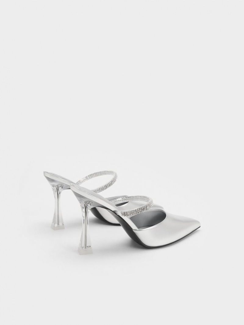 Charles & Keith Gem Riemen Metallic Mules Silber | 724OIGQYZ