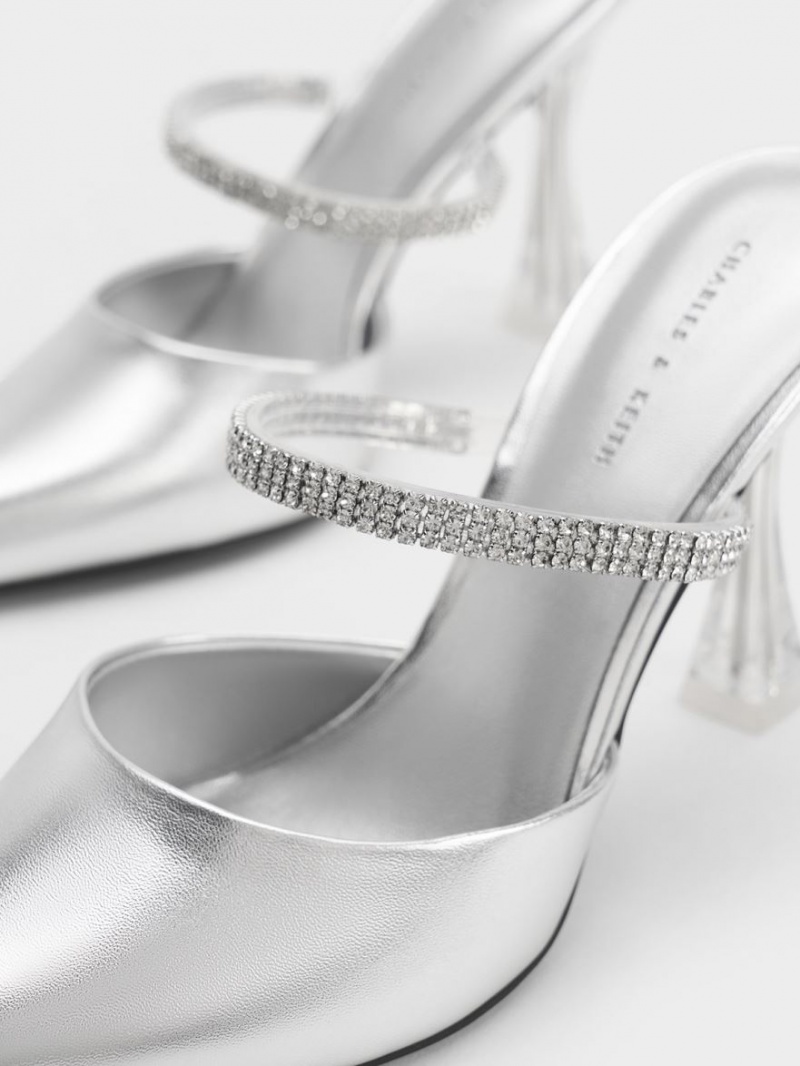 Charles & Keith Gem Riemen Metallic Mules Silber | 724OIGQYZ