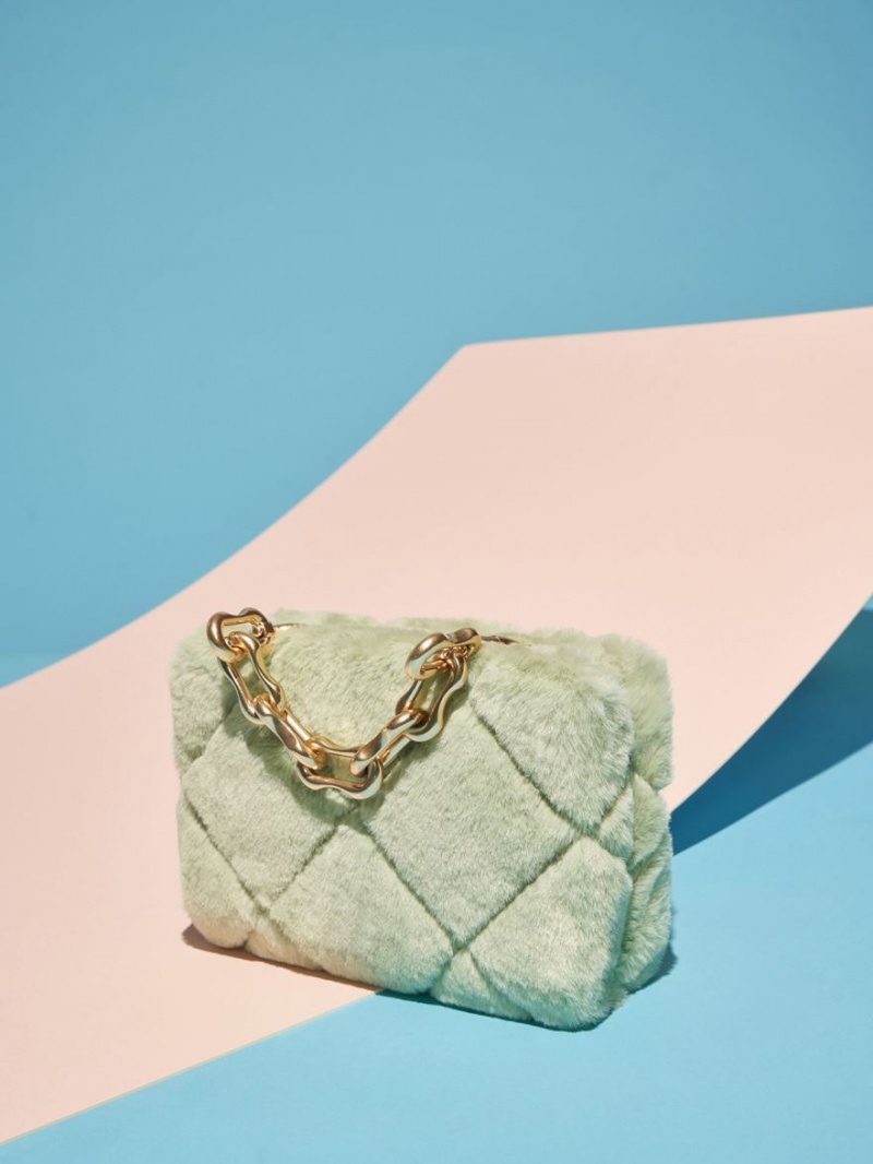 Charles & Keith Gemma Chunky Chain Handle Furry Gesteppt Boxy Crossbody Taschen Mintfarben | 063DEBIHQ