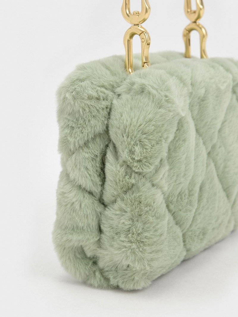 Charles & Keith Gemma Chunky Chain Handle Furry Gesteppt Boxy Crossbody Taschen Mintfarben | 063DEBIHQ