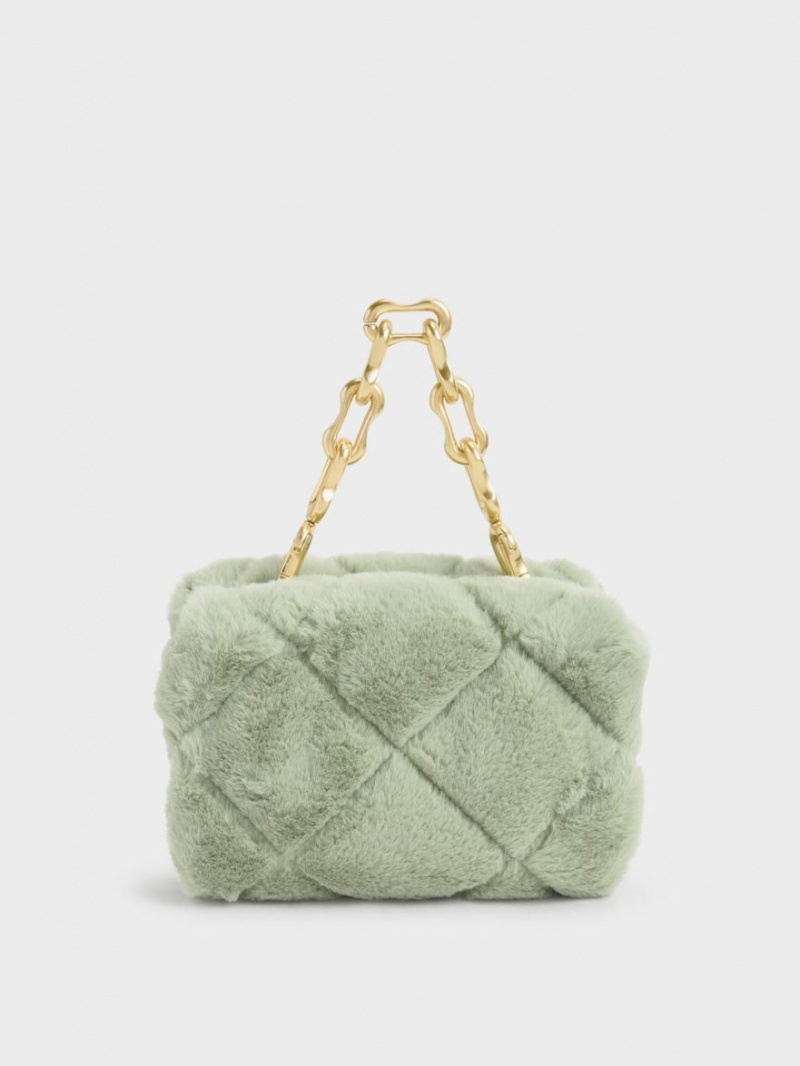 Charles & Keith Gemma Chunky Chain Handle Furry Gesteppt Boxy Crossbody Taschen Mintfarben | 063DEBIHQ