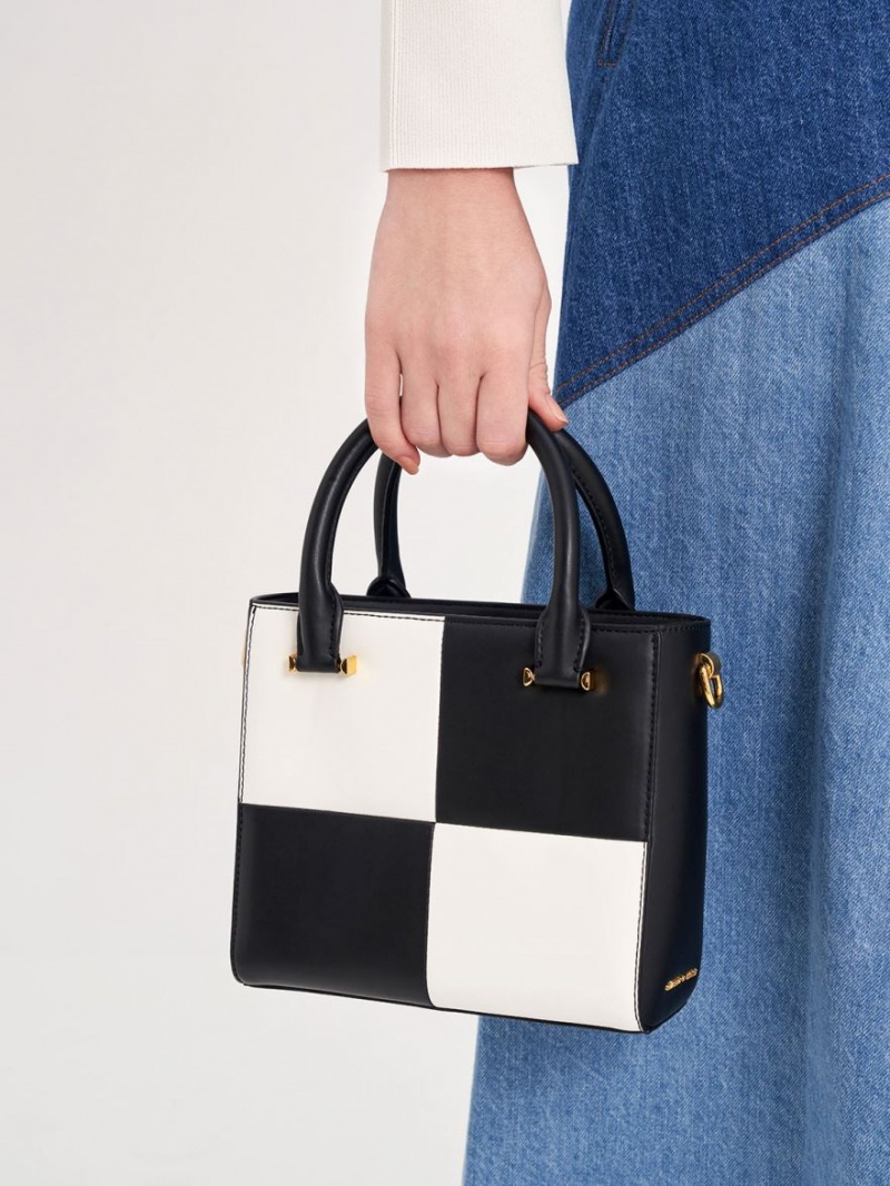 Charles & Keith Georgette Checkered Square Tragetaschen Schwarz Weiß | 659DHAFIQ