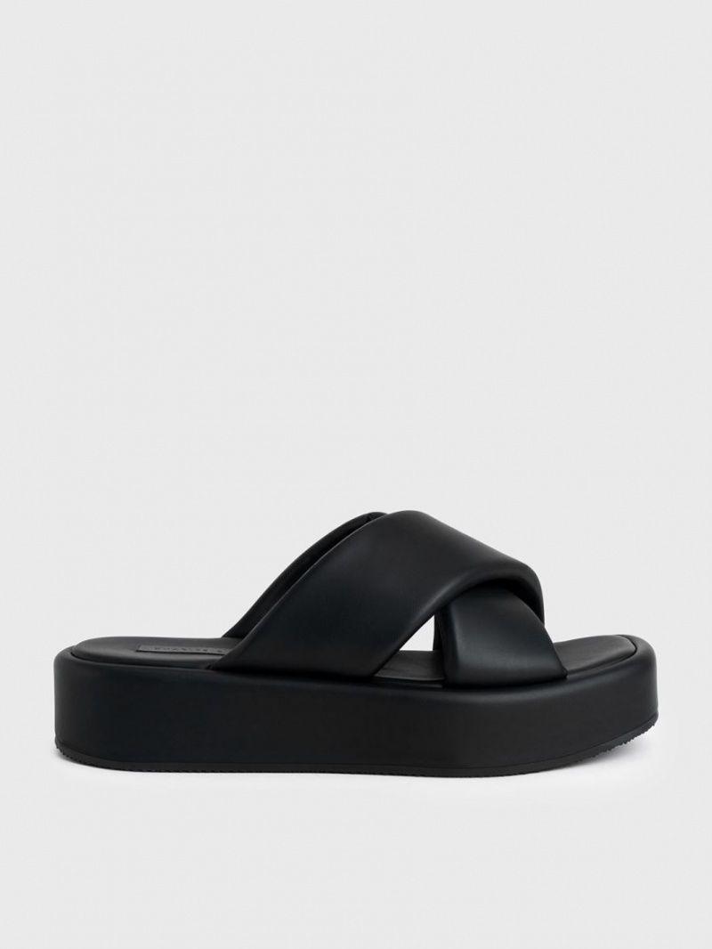 Charles & Keith Gepolstert Crossover Flatforms Pantoletten Schwarz | 038PUSAZE