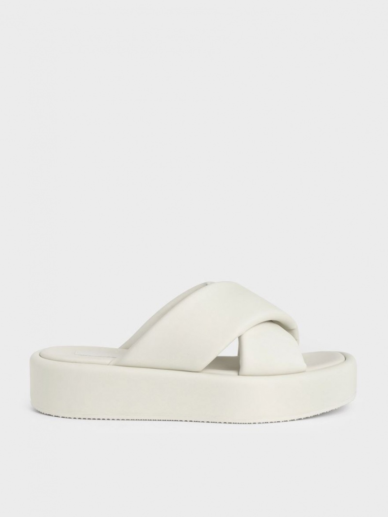 Charles & Keith Gepolstert Crossover Flatforms Pantoletten Weiß | 796SNPBIC