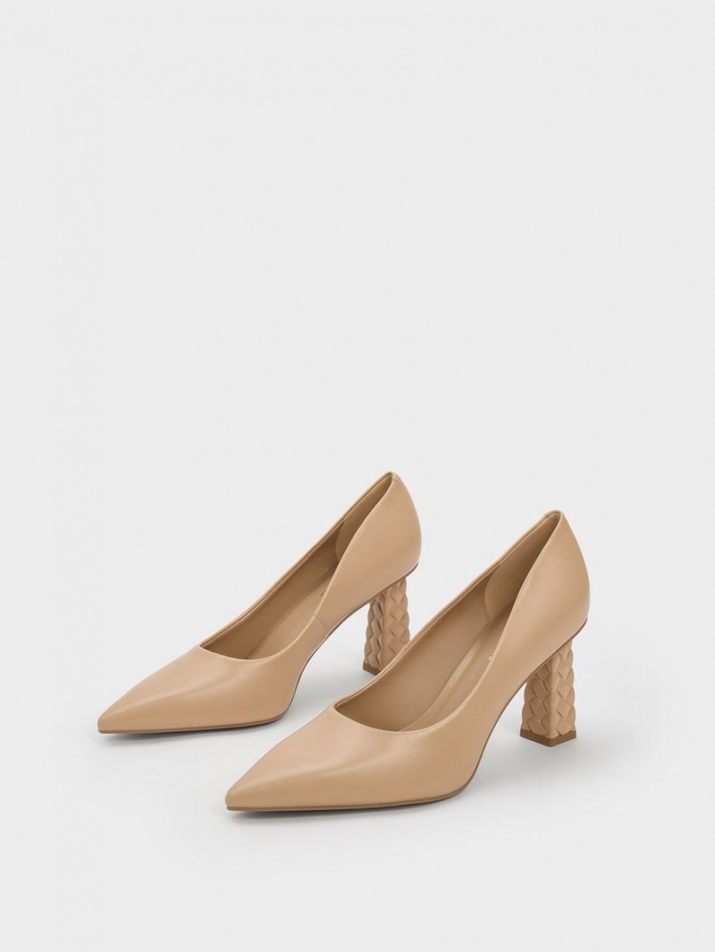 Charles & Keith Gesteppt Heel Pointed-Kappe Pumps Beige | 147AIOHRS