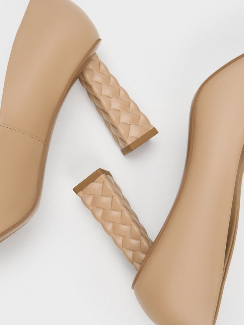 Charles & Keith Gesteppt Heel Pointed-Kappe Pumps Beige | 147AIOHRS