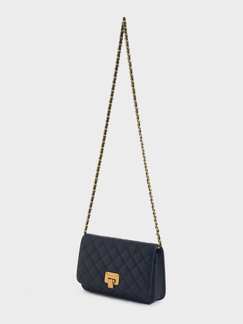 Charles & Keith Gesteppt Push-Lock Clutch Tasche Navy | 831BWEJIU