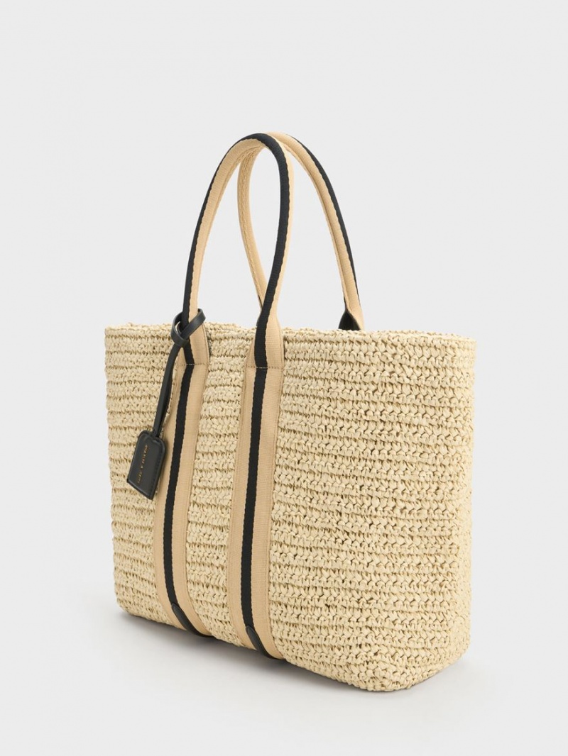 Charles & Keith Gestreift Handles Raffia Tragetaschen Beige | 148SWFDHZ