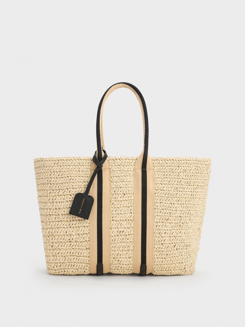 Charles & Keith Gestreift Handles Raffia Tragetaschen Beige | 148SWFDHZ