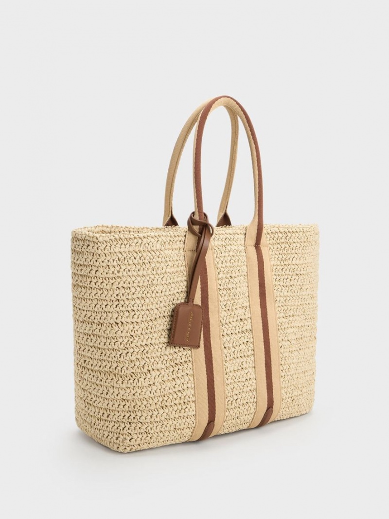 Charles & Keith Gestreift Handles Raffia Tragetaschen Beige | 013NOKJTA