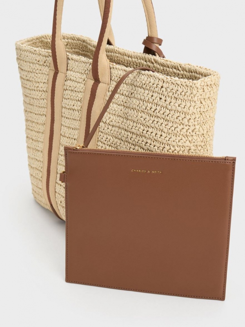 Charles & Keith Gestreift Handles Raffia Tragetaschen Beige | 013NOKJTA