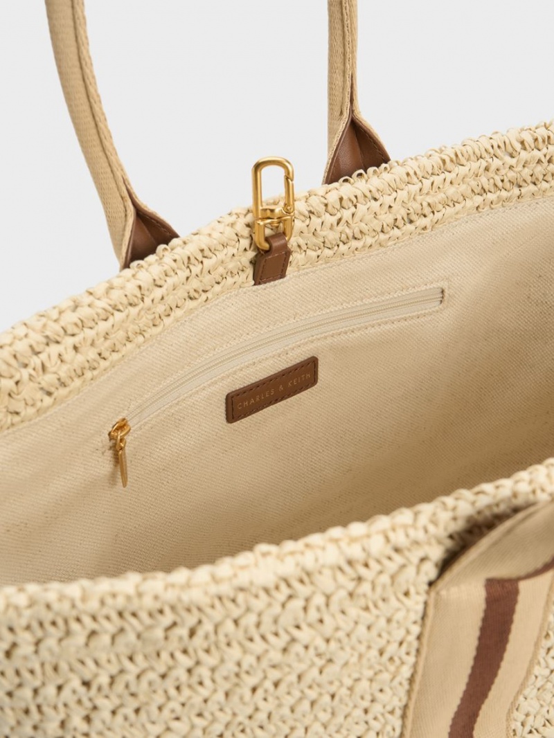 Charles & Keith Gestreift Handles Raffia Tragetaschen Beige | 013NOKJTA