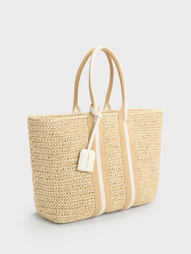 Charles & Keith Gestreift Handles Raffia Tragetaschen Beige | 038QDCIWP