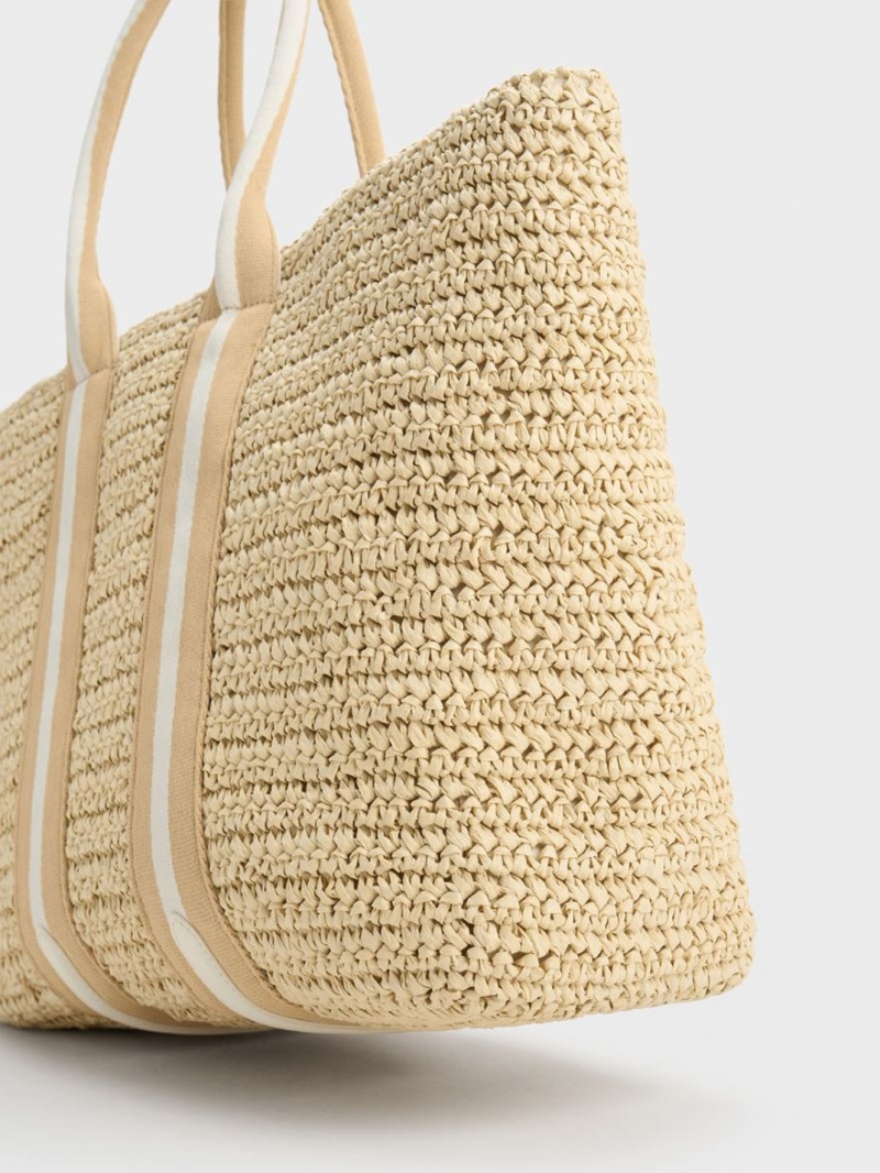 Charles & Keith Gestreift Handles Raffia Tragetaschen Beige | 038QDCIWP