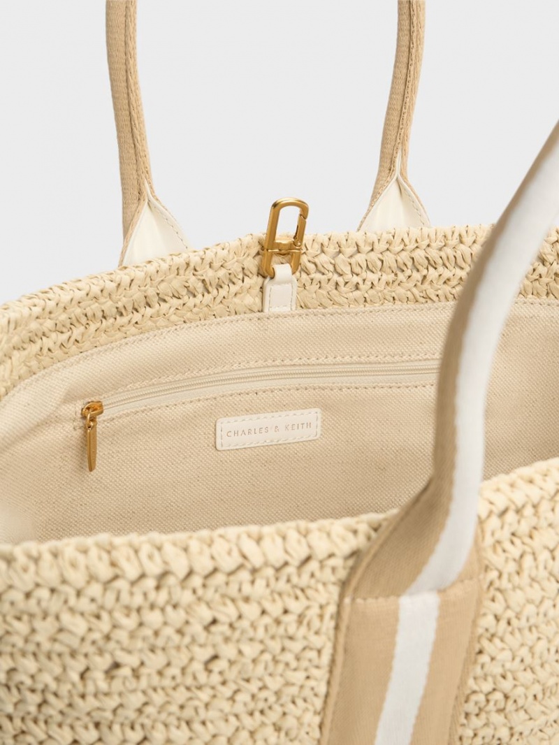 Charles & Keith Gestreift Handles Raffia Tragetaschen Beige | 038QDCIWP